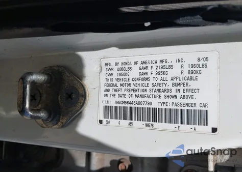 2006 Honda Accord 2.4 Lx from USA, damaged, VIN 1HGCM56446A007790